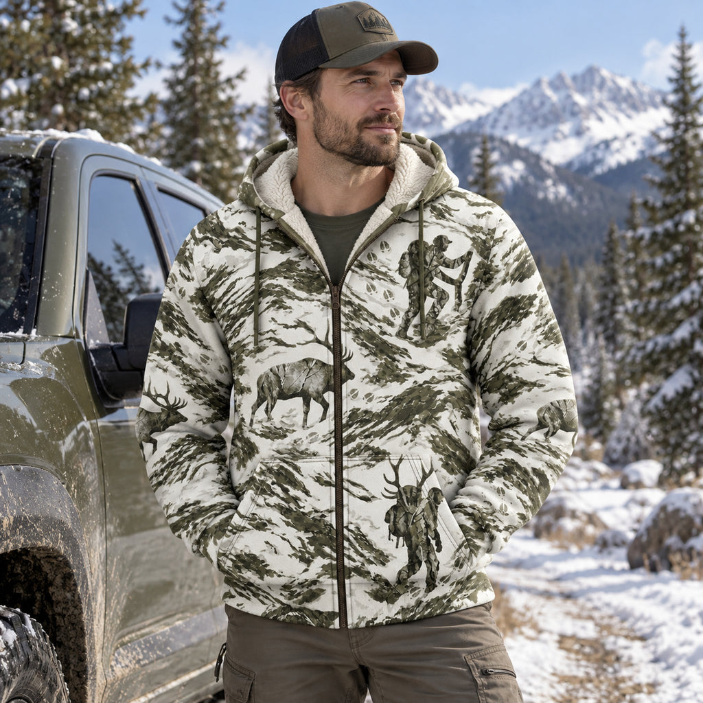 Bowhunting Snow Basin Bull Fleece Full-Zip Hoodie worn outdoors