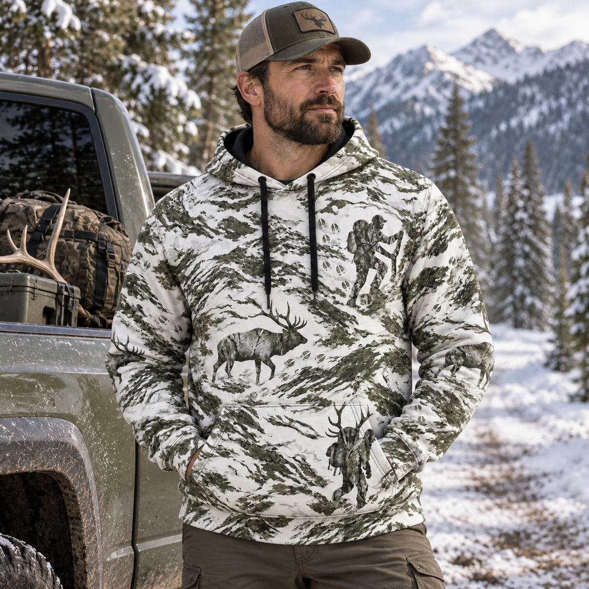 Bowhunting Snow Basin Bull Field Pullover Hoodie worn outdoors