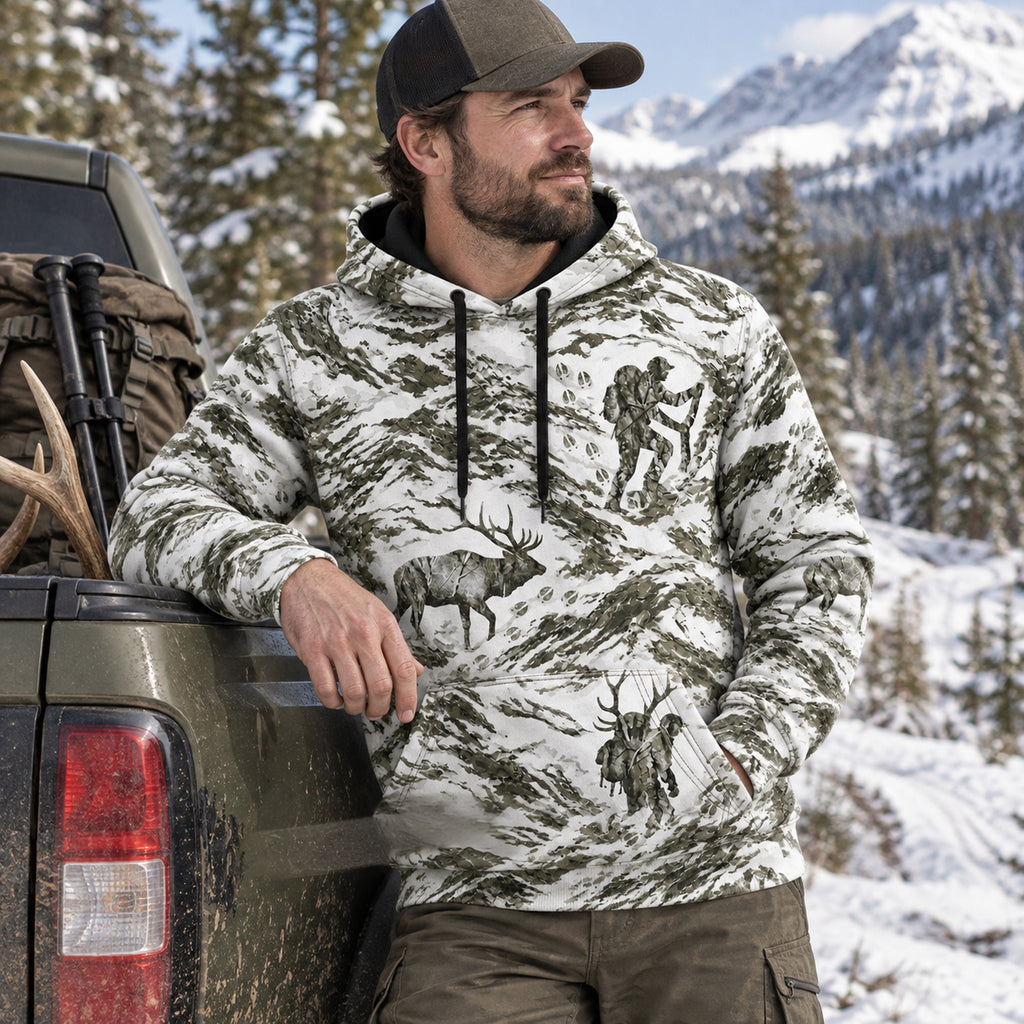 Bowhunting Snow Basin Bull Field Pullover Hoodie angled view