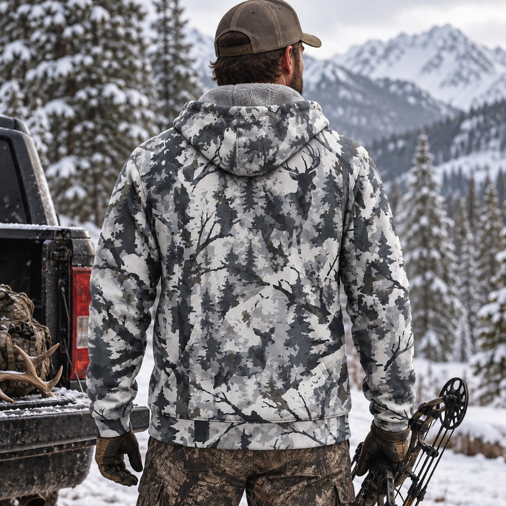 Bowhunting Birch Snow Buck Fleece Full-Zip Hoodie back
