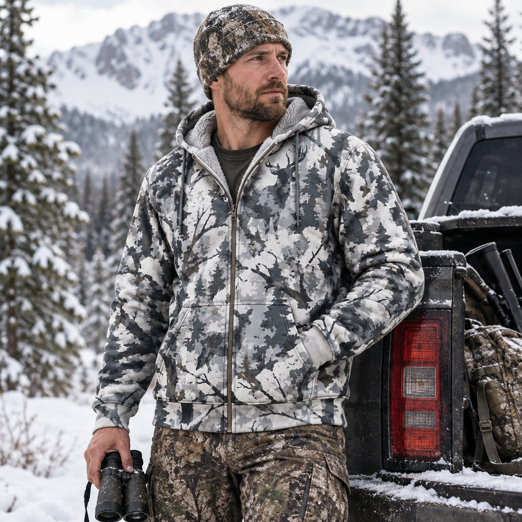 Bowhunting Birch Snow Buck Fleece Full-Zip Hoodie worn outdoors