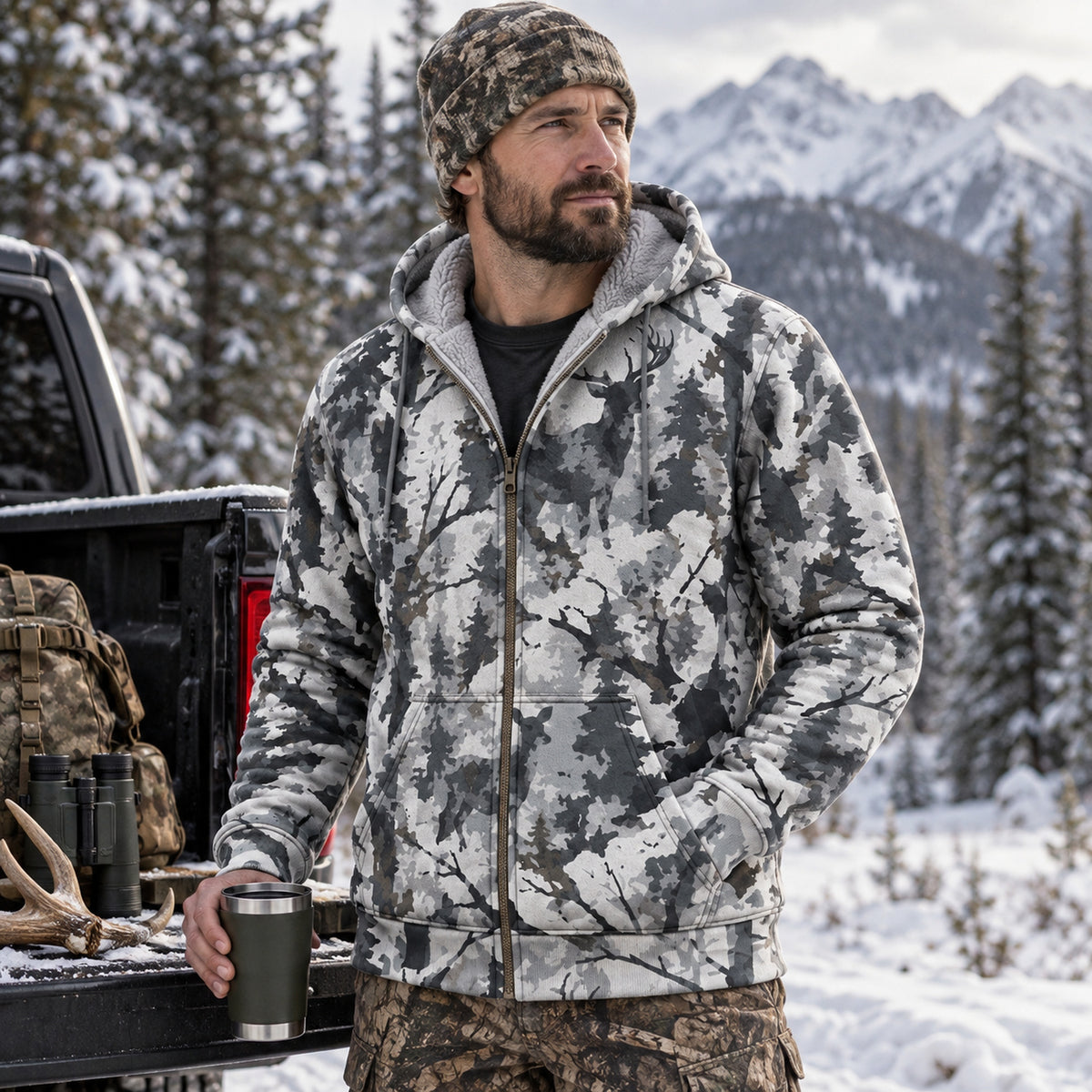 Bowhunting Birch Snow Buck Fleece Full-Zip Hoodie angled view