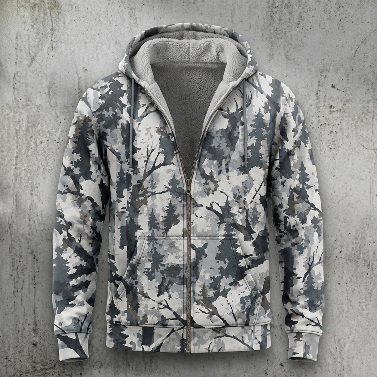 Bowhunting Birch Snow Buck Fleece Full-Zip Hoodie front