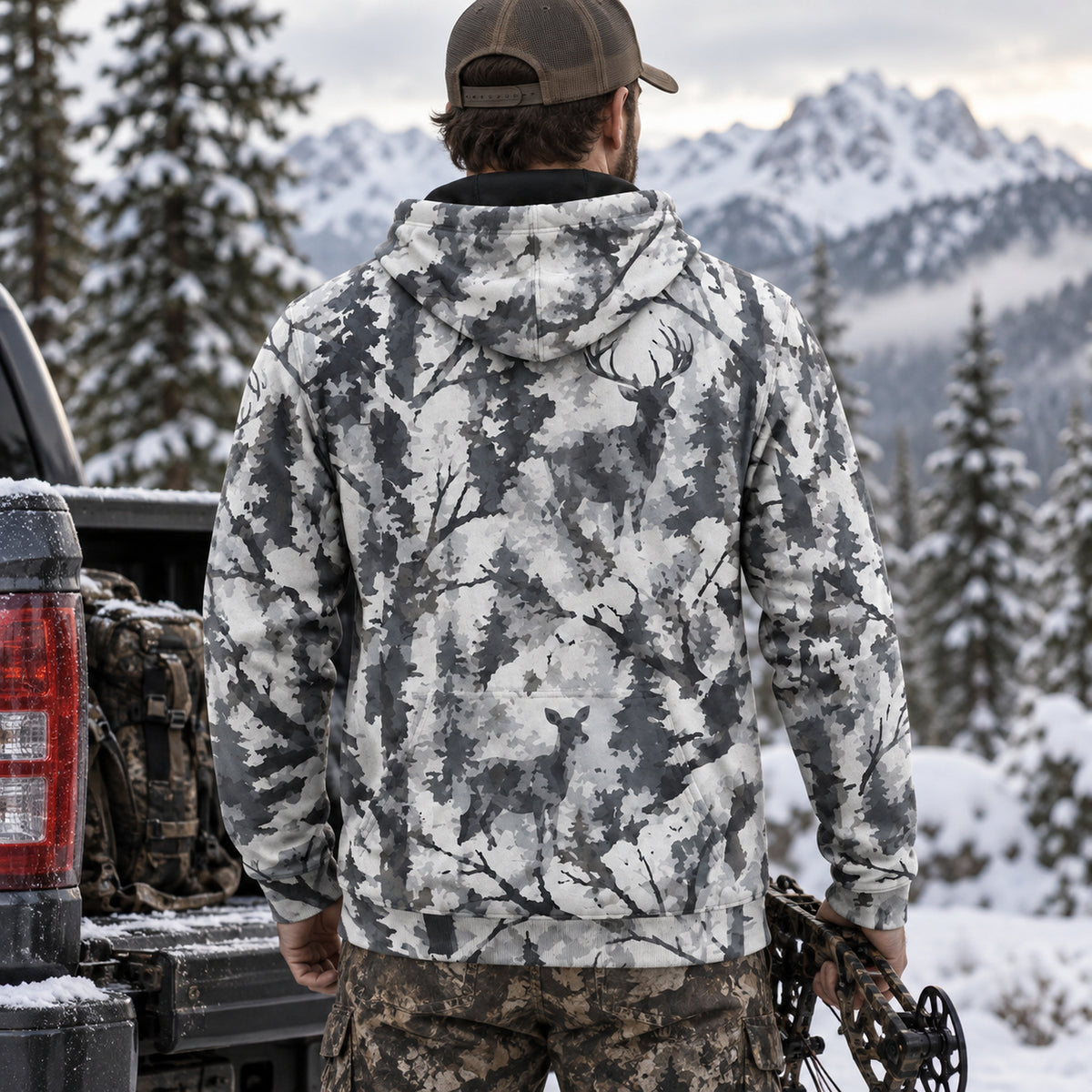 Bowhunting Birch Snow Buck Field Pullover Hoodie back