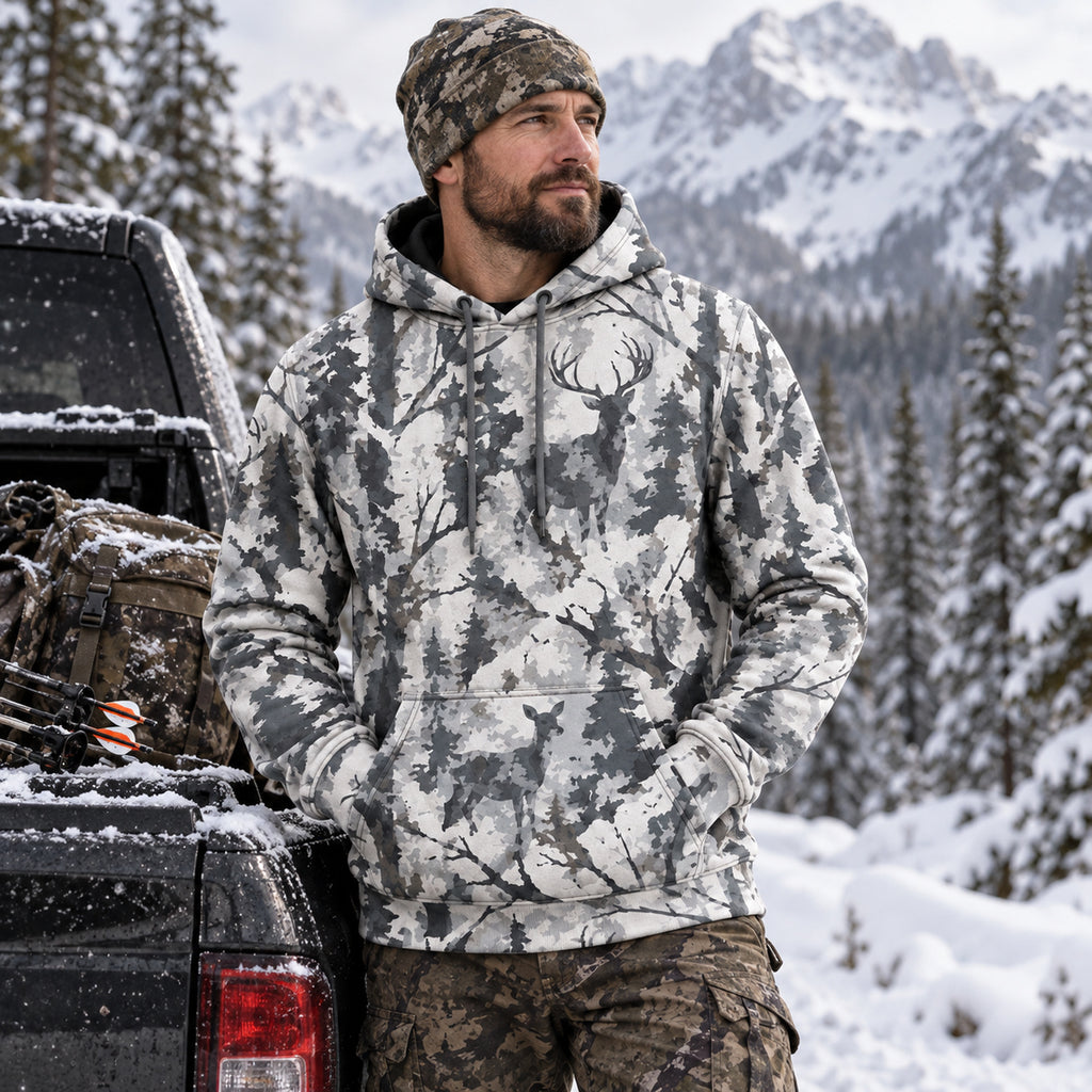 Bowhunting Birch Snow Buck Field Pullover Hoodie worn outdoors