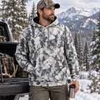Bowhunting Birch Snow Buck Field Pullover Hoodie angled view