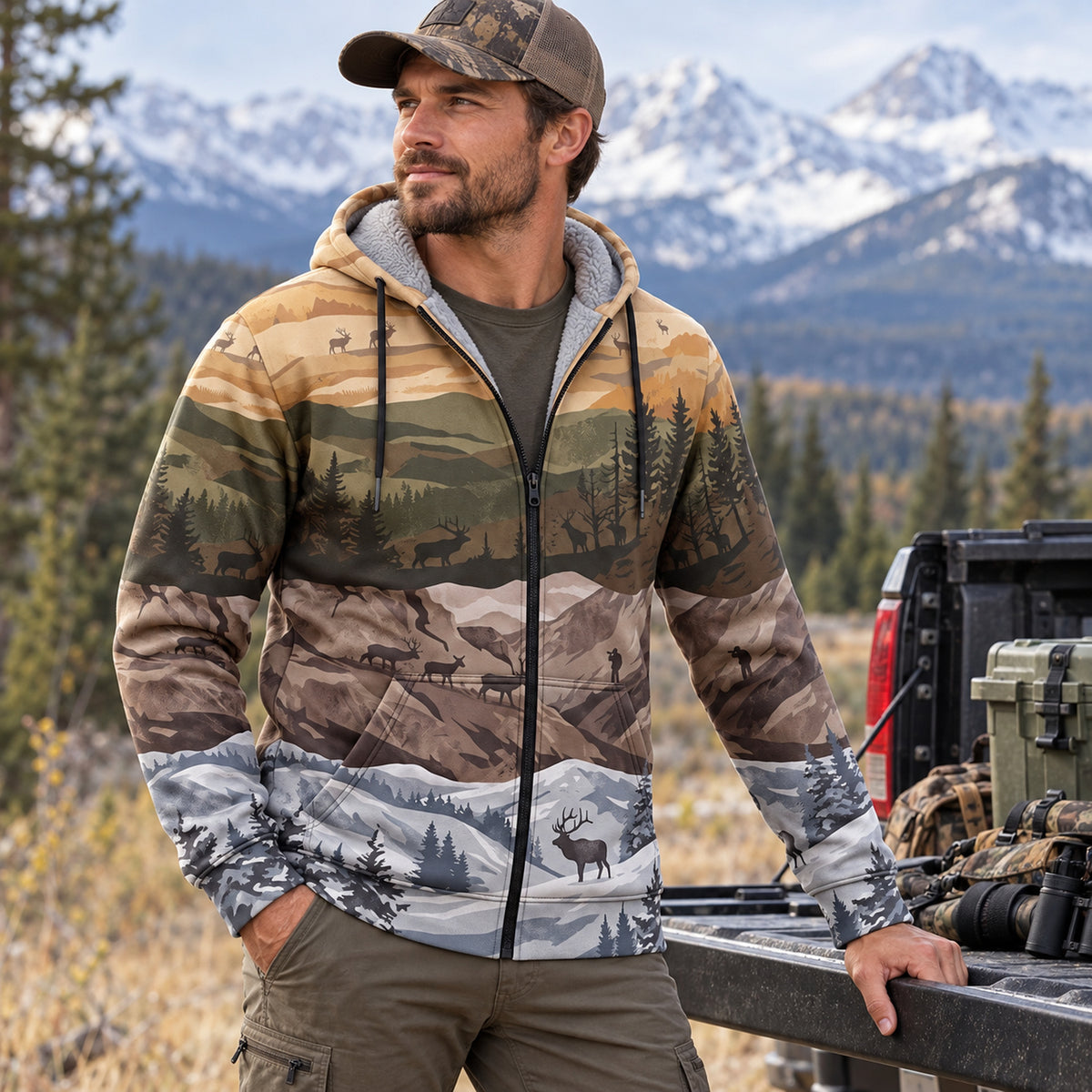 Elk Hunting Four Season Ridge Fleece Full-Zip Hoodie angled view