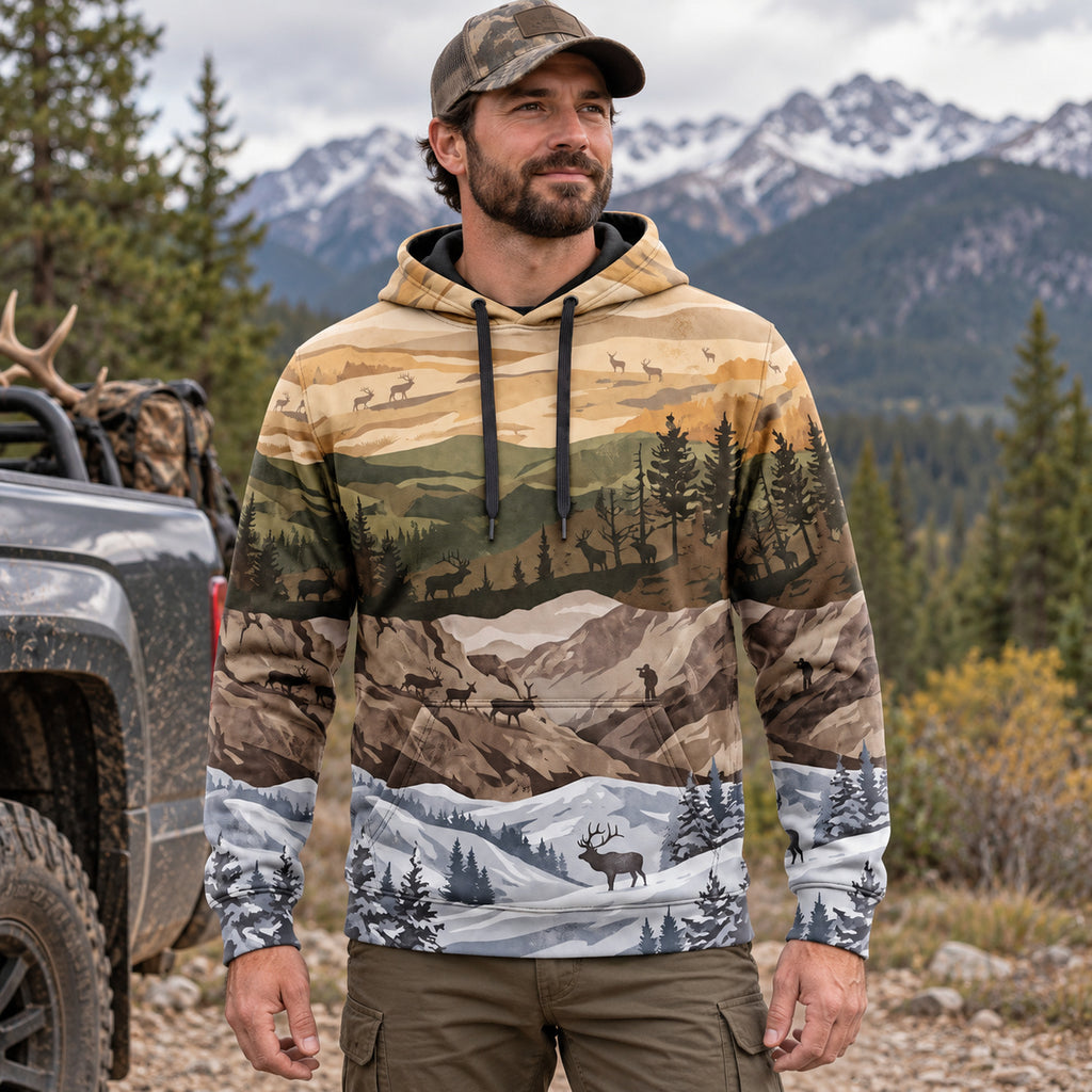 Elk Hunting Four Season Ridge Field Pullover Hoodie worn outdoors