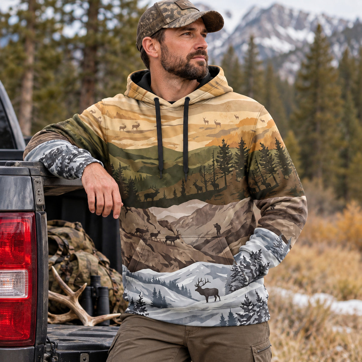 Elk Hunting Four Season Ridge Field Pullover Hoodie angled view
