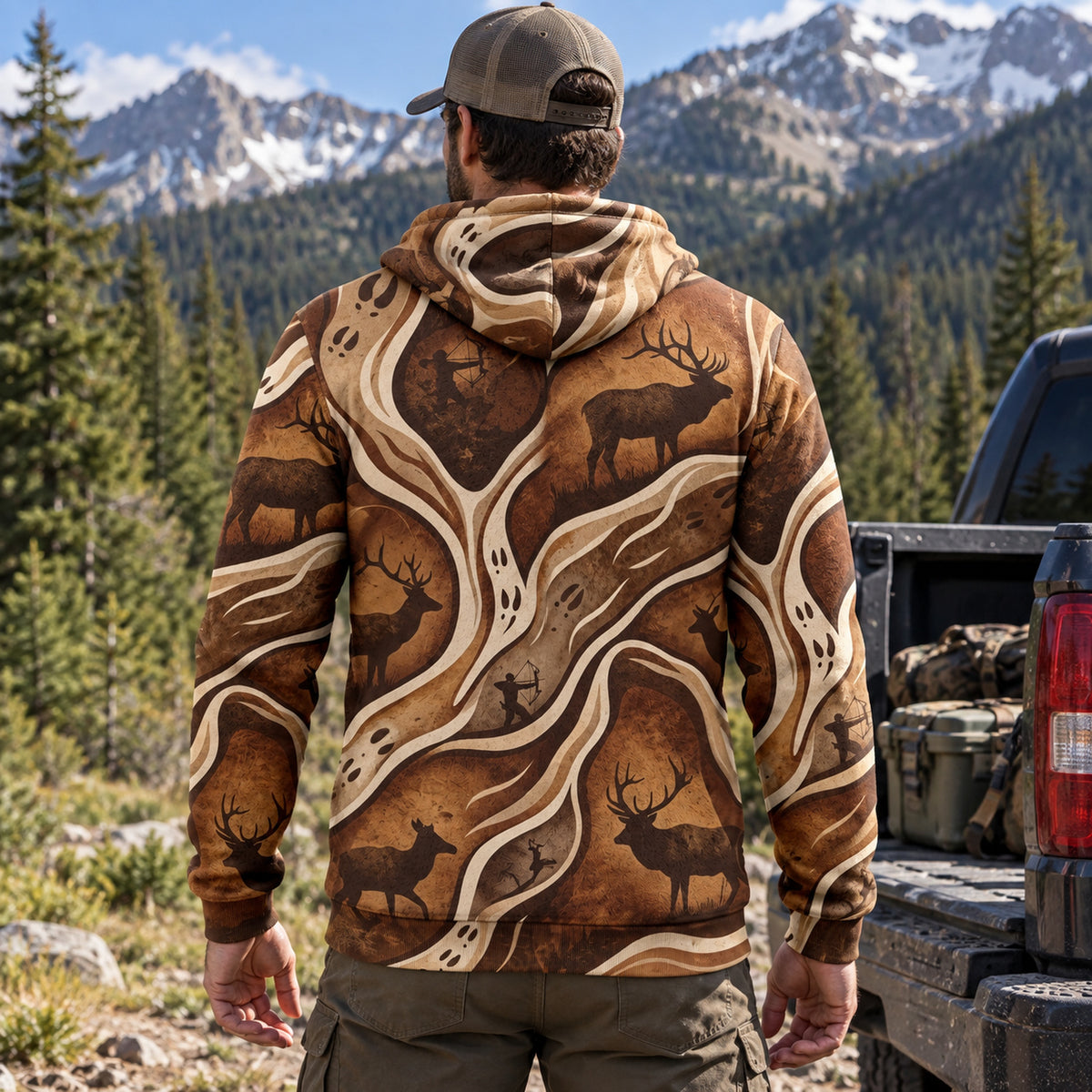 Elk Hunting Woodgrain Trail Fleece Full-Zip Hoodie back