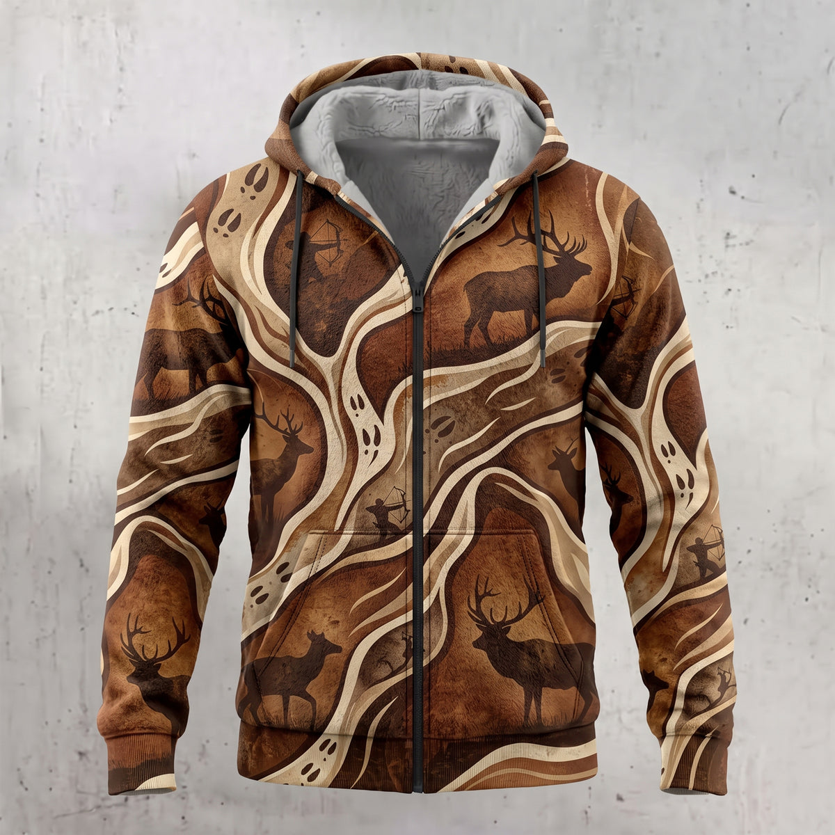 Elk Hunting Woodgrain Trail Fleece Full-Zip Hoodie front