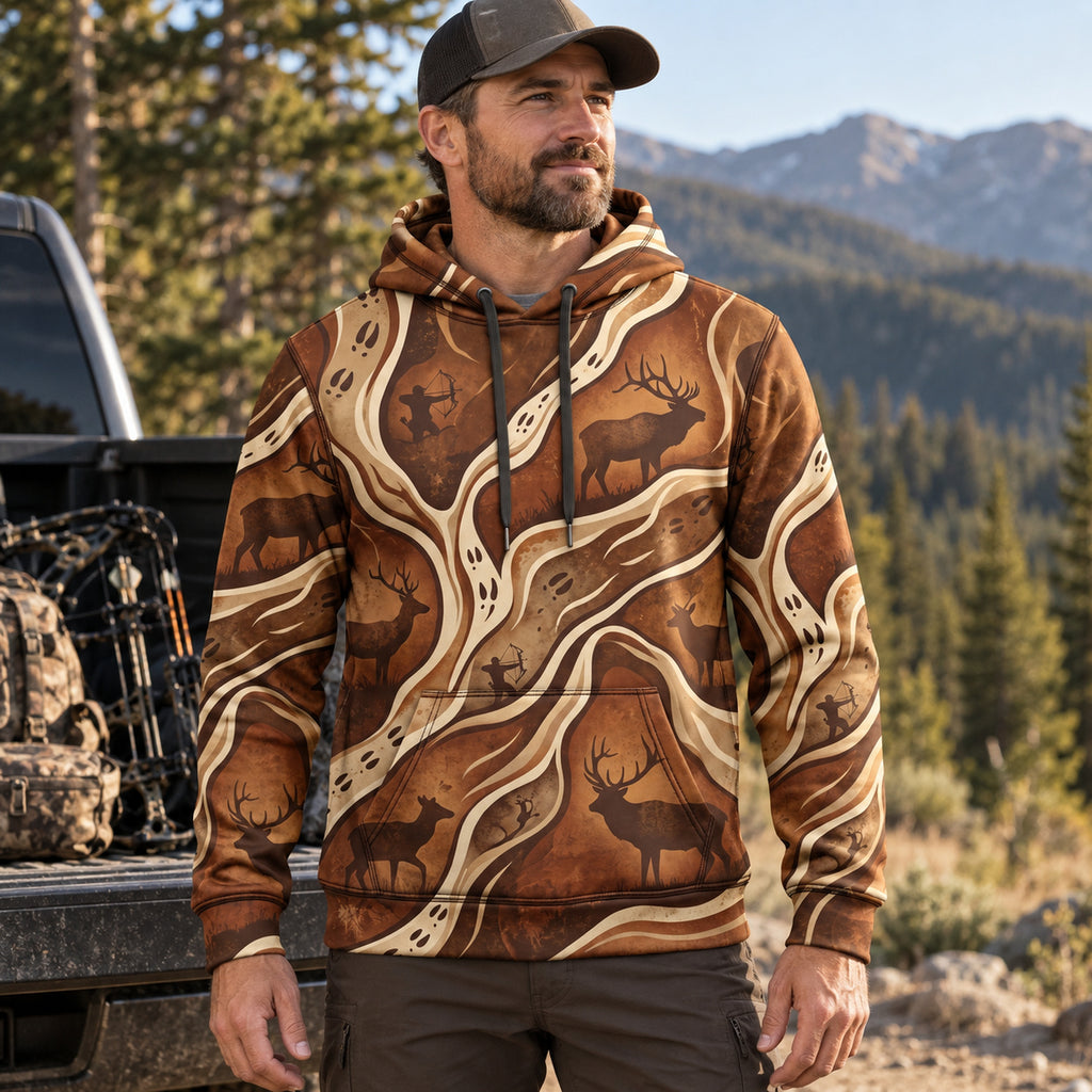 Elk Hunting Woodgrain Trail Field Pullover Hoodie worn outdoors