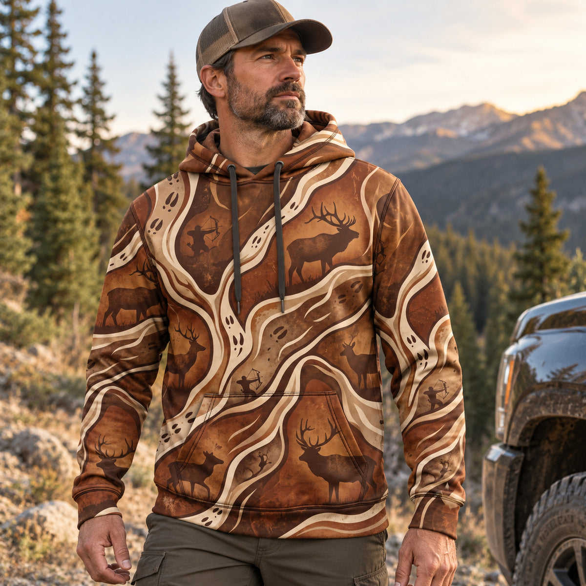 Elk Hunting Woodgrain Trail Field Pullover Hoodie angled view