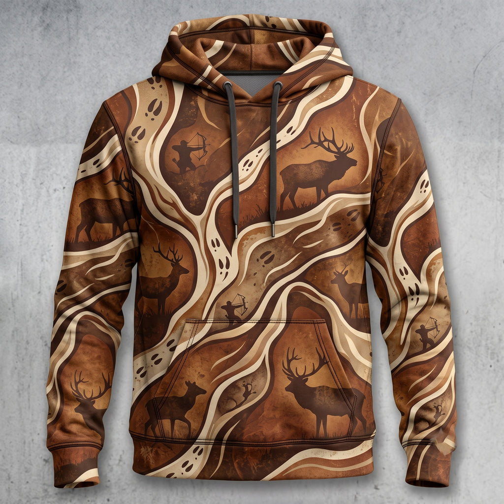 Elk Hunting Woodgrain Trail Field Pullover Hoodie front