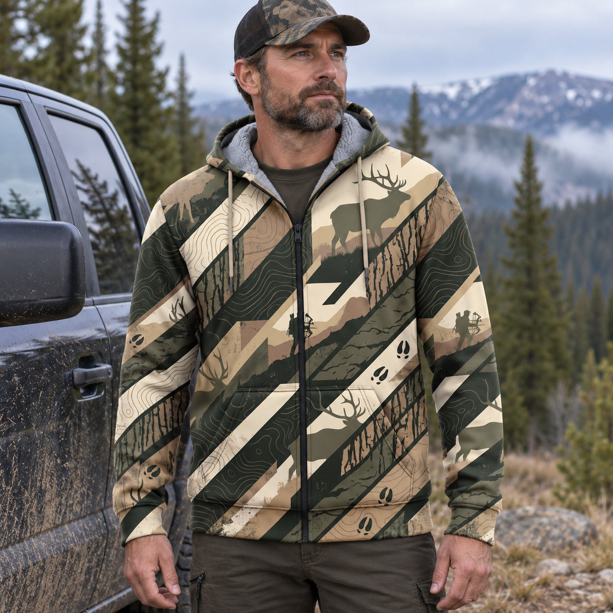 Elk Hunting Topo Stripe Fleece Full-Zip Hoodie worn outdoors