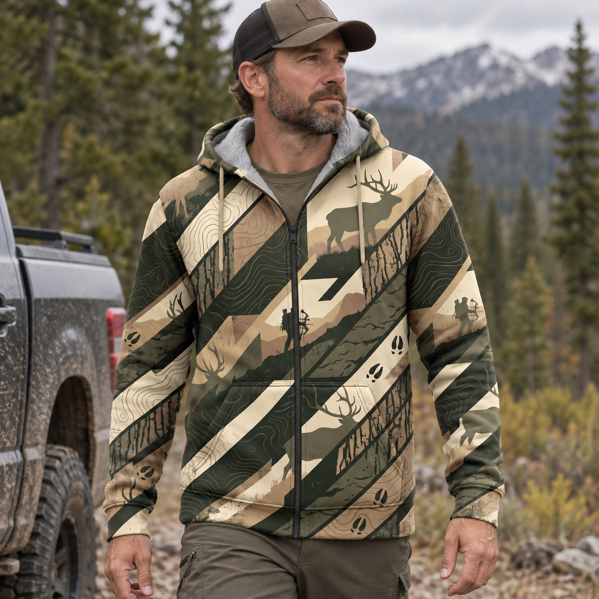 Elk Hunting Topo Stripe Fleece Full-Zip Hoodie angled view