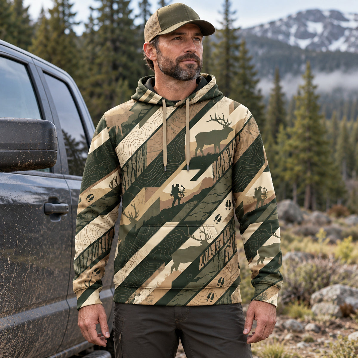 Elk Hunting Topo Stripe Field Pullover Hoodie worn outdoors