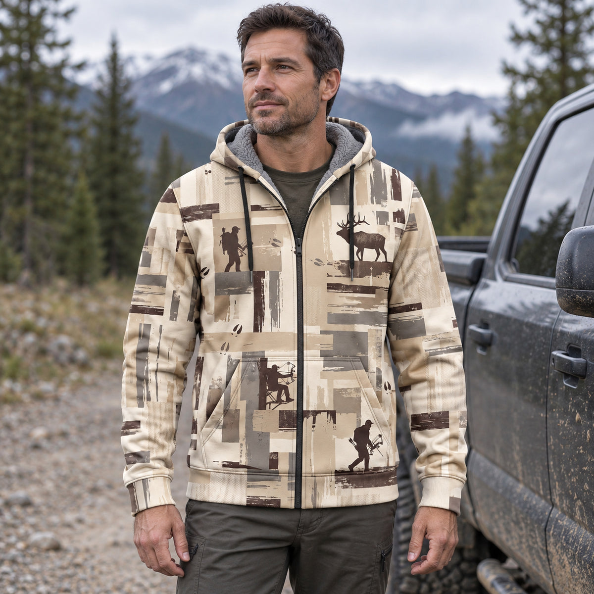 Elk Hunting Brushstroke Block Fleece Full-Zip Hoodie worn outdoors