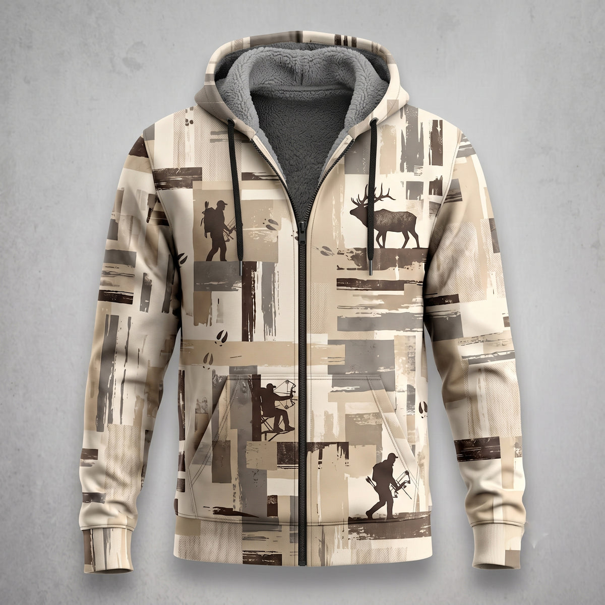 Elk Hunting Brushstroke Block Fleece Full-Zip Hoodie front