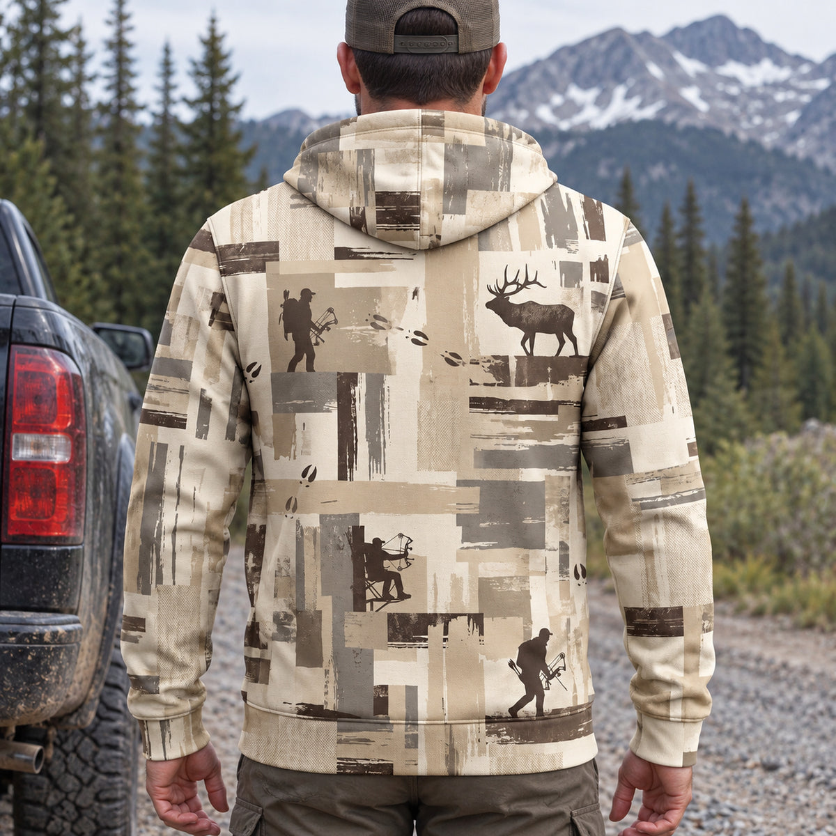 Elk Hunting Brushstroke Block Field Pullover Hoodie back