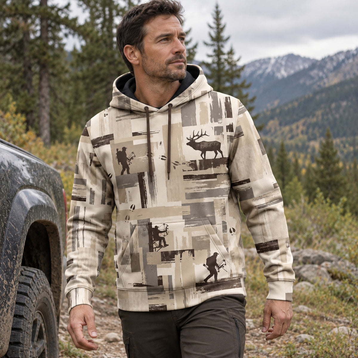 Elk Hunting Brushstroke Block Field Pullover Hoodie angled view