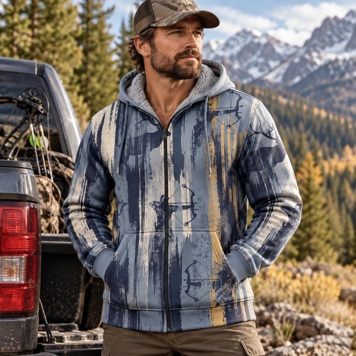 Elk Hunting Aspen Streak Fleece Full-Zip Hoodie worn outdoors