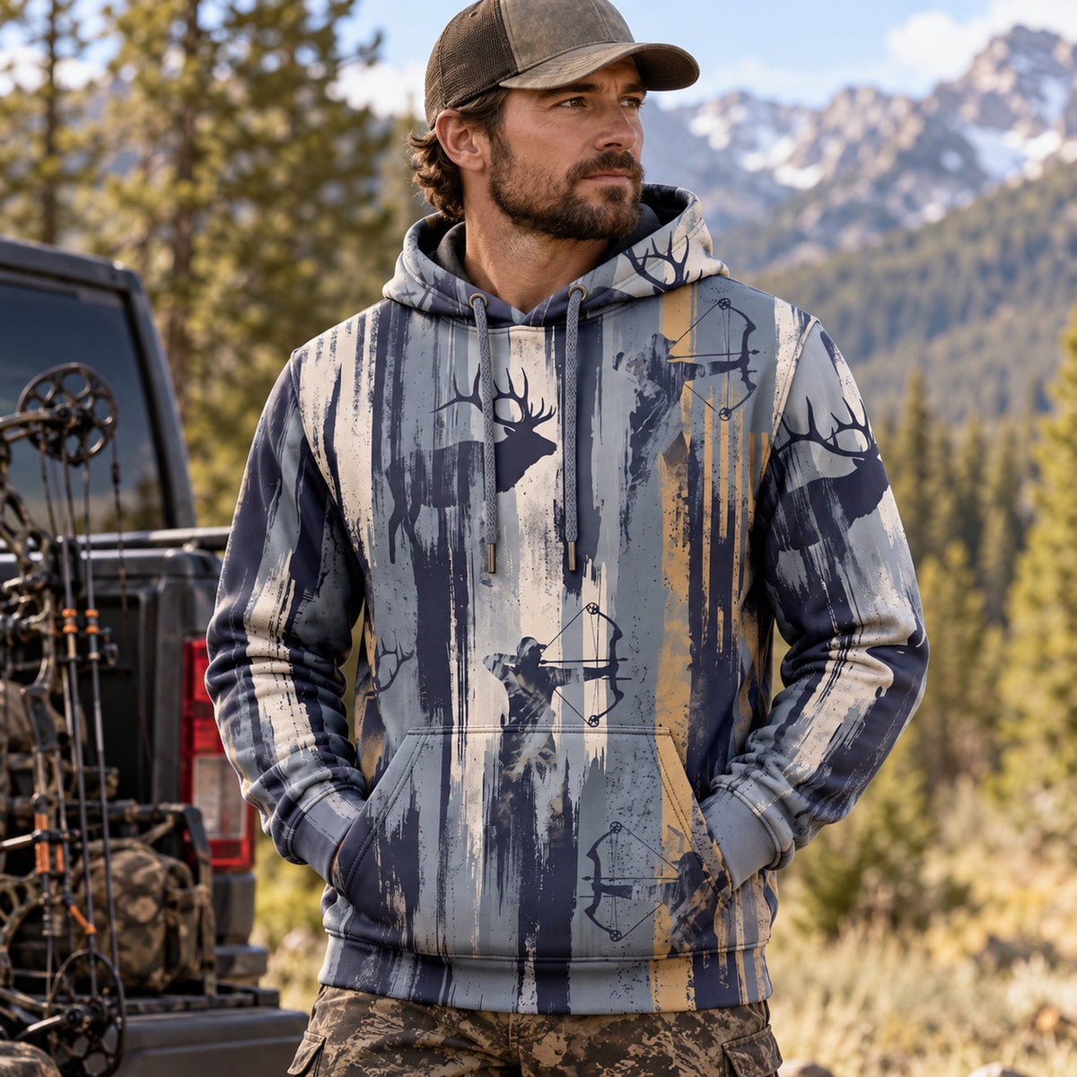 Elk Hunting Aspen Streak Field Pullover Hoodie worn outdoors
