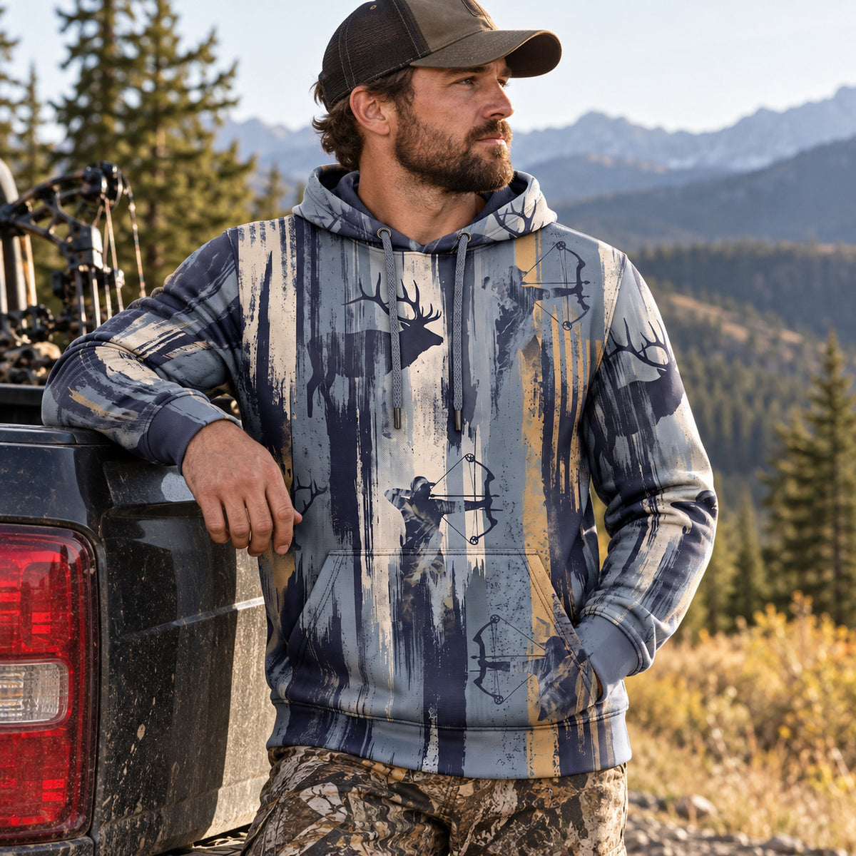 Elk Hunting Aspen Streak Field Pullover Hoodie angled view
