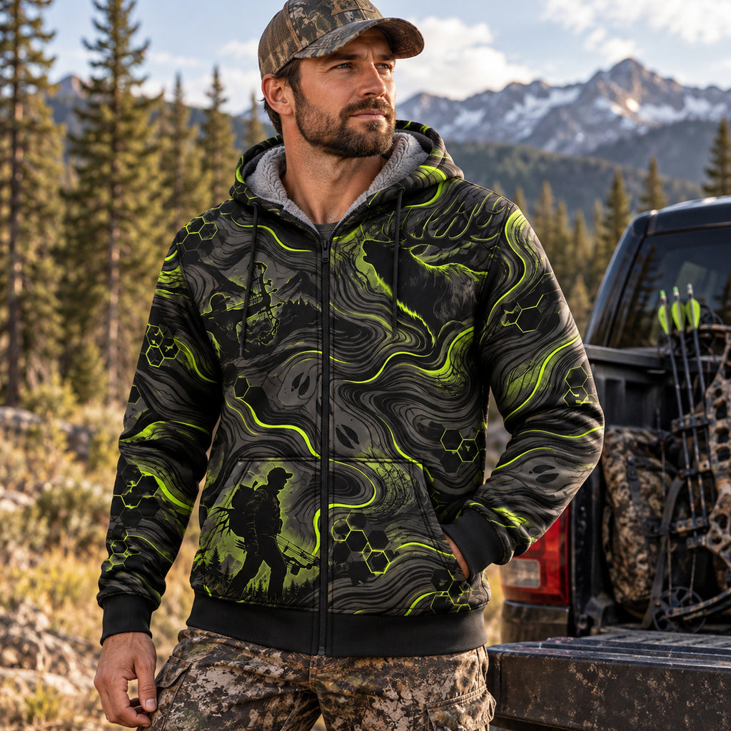 Elk Hunting Acid Flow Fleece Full-Zip Hoodie worn outdoors