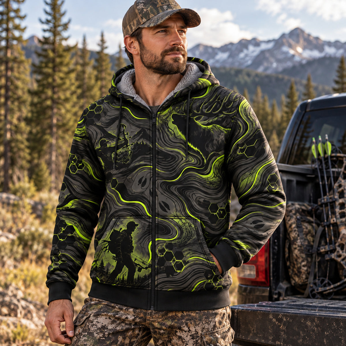 Elk Hunting Acid Flow Fleece Full-Zip Hoodie worn outdoors