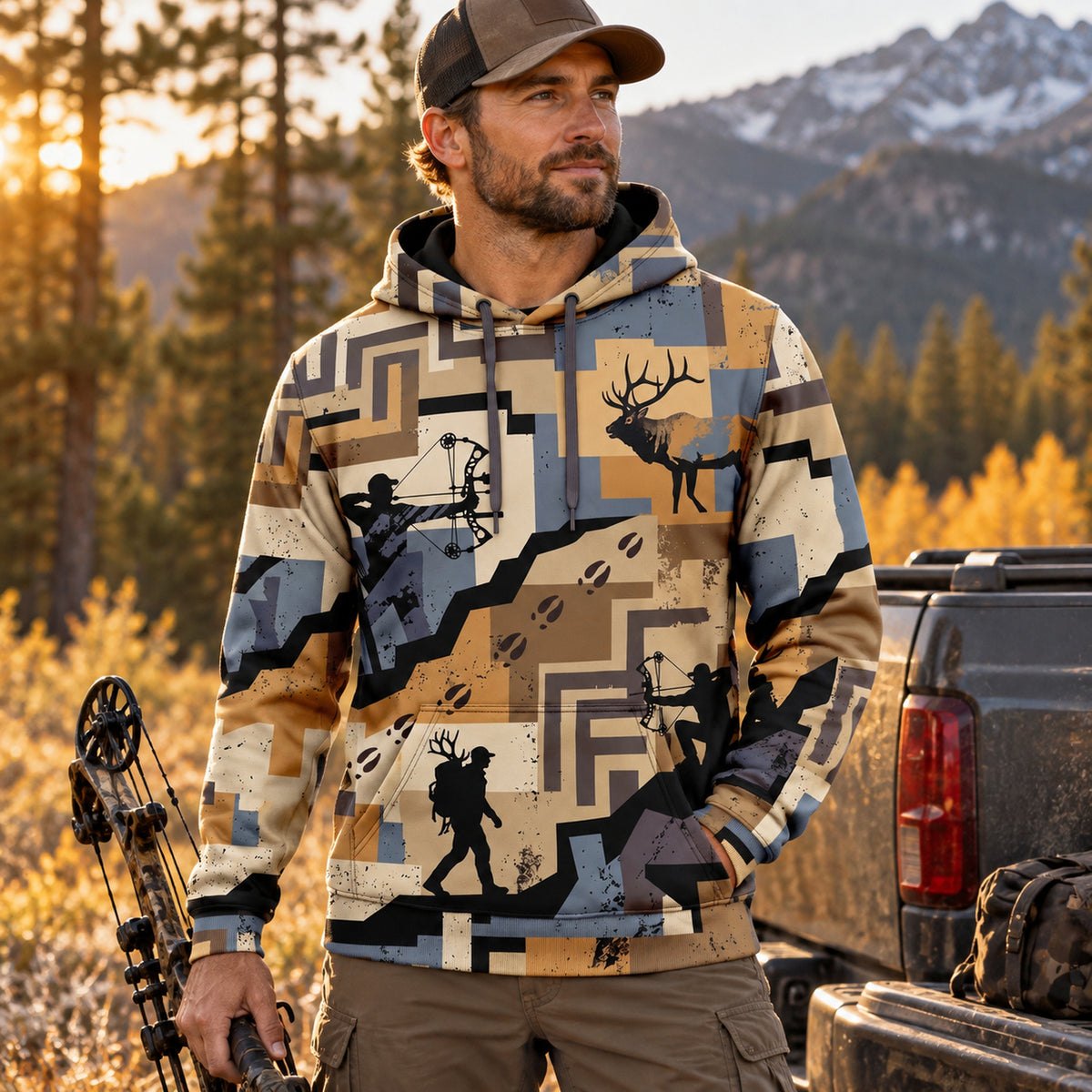 Elk Hunting Switchback Climb Field Pullover Hoodie worn outdoors