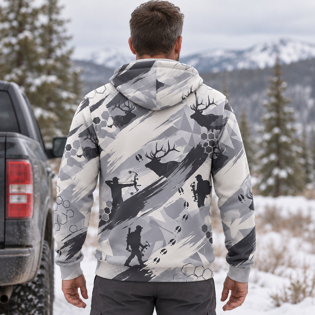 Elk Hunting Snow Brush Fleece Full-Zip Hoodie back