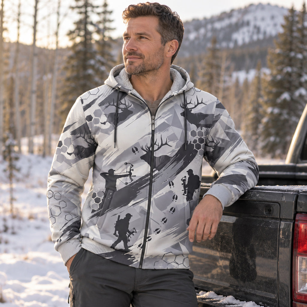 Elk Hunting Snow Brush Fleece Full-Zip Hoodie angled view