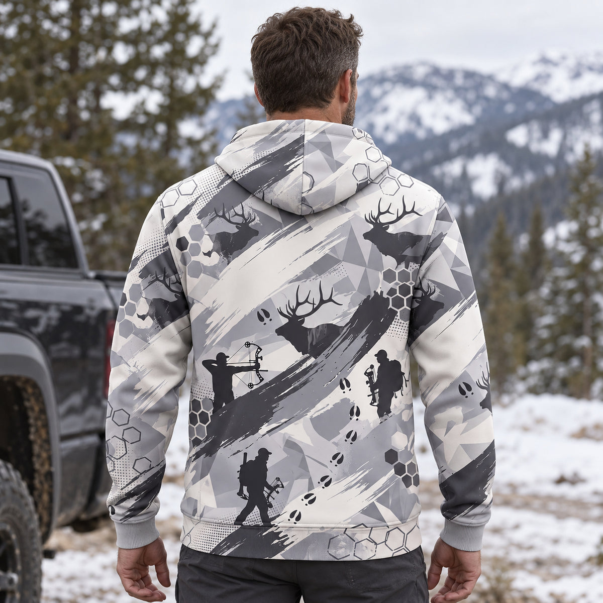 Elk Hunting Snow Brush Field Pullover Hoodie back
