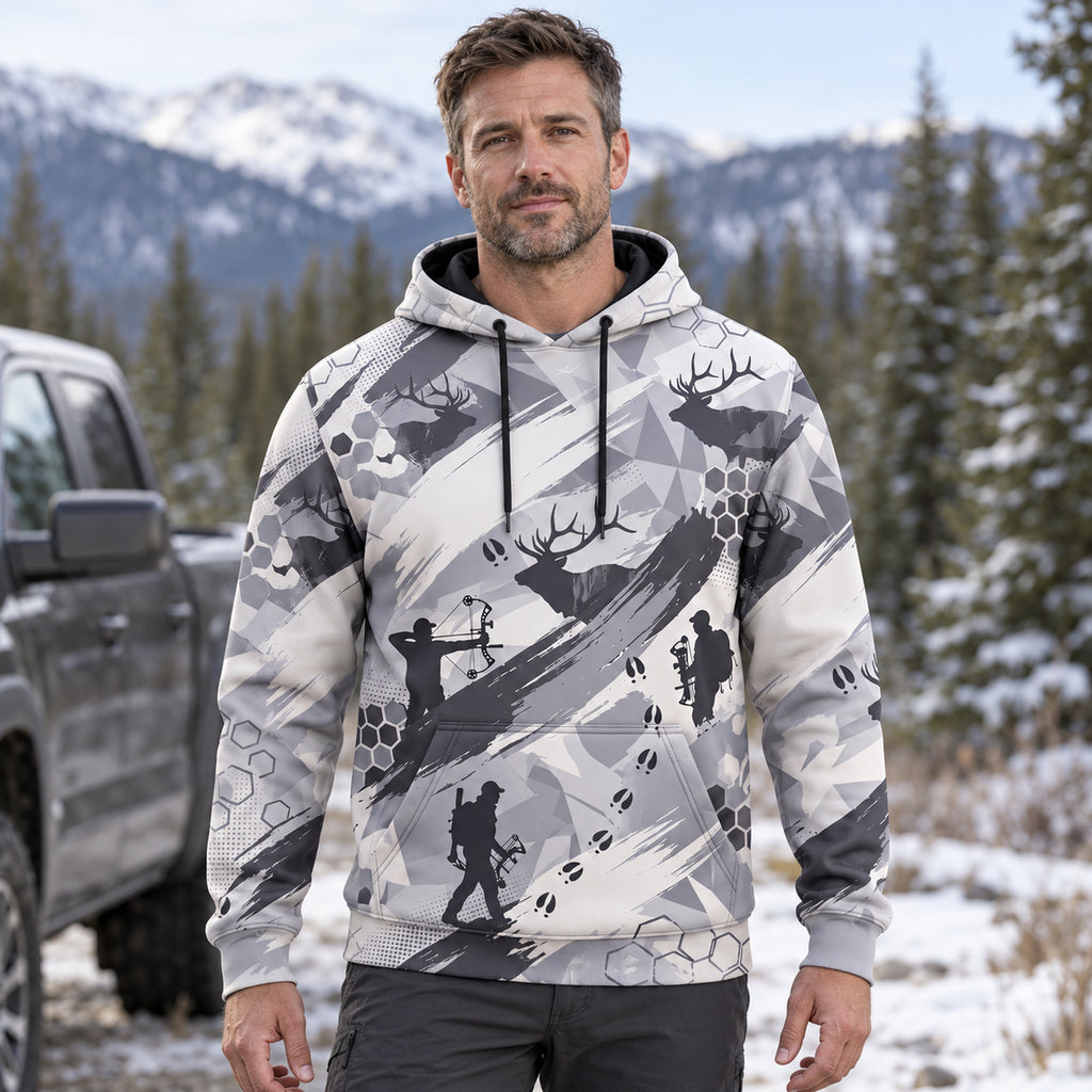 Elk Hunting Snow Brush Field Pullover Hoodie worn outdoors