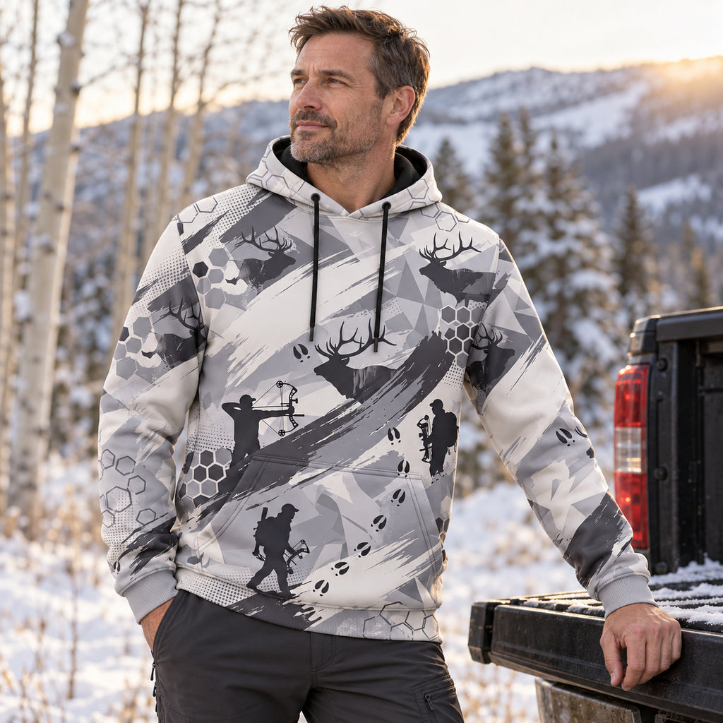 Elk Hunting Snow Brush Field Pullover Hoodie angled view