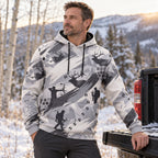 Elk Hunting Snow Brush Field Pullover Hoodie angled view