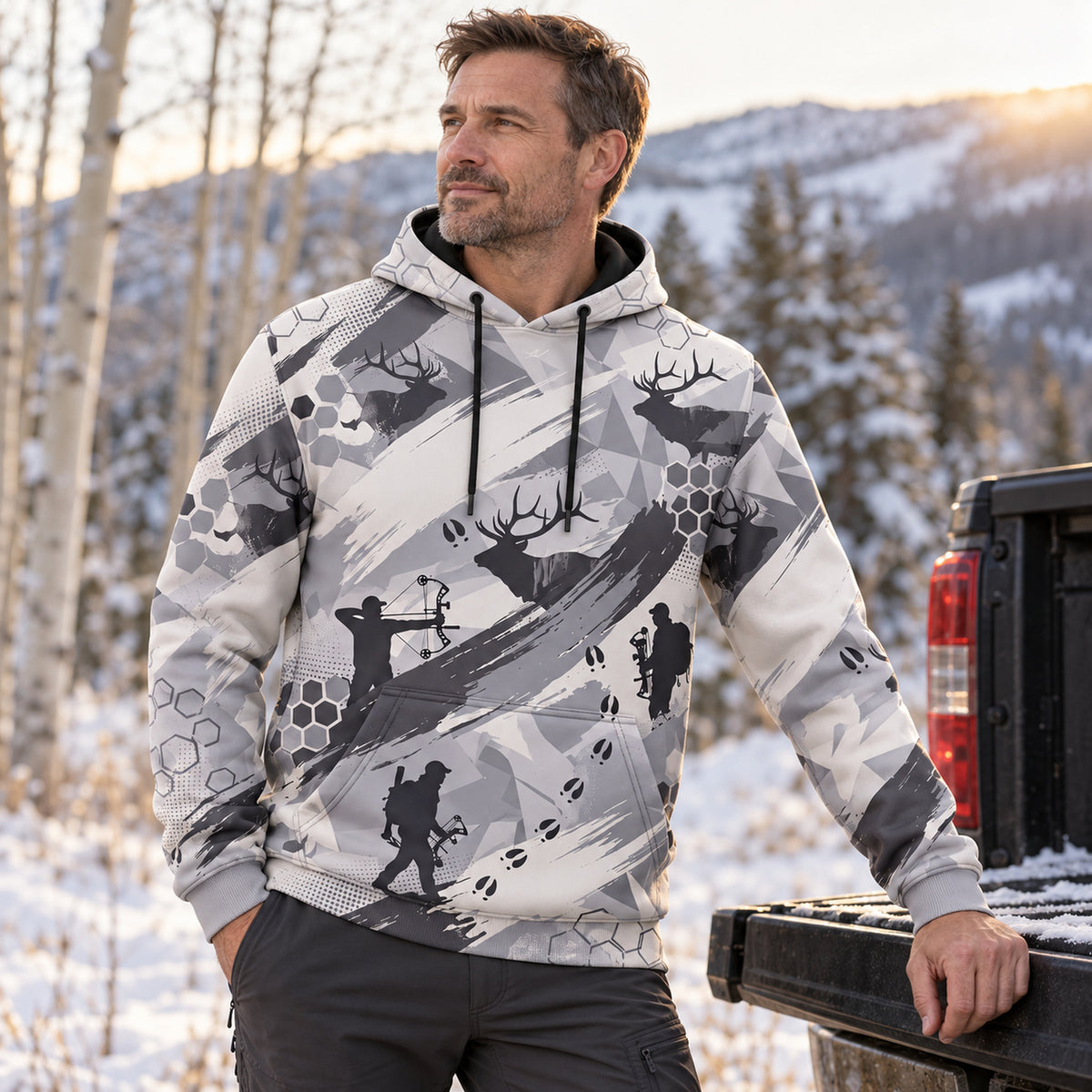 Elk Hunting Snow Brush Field Pullover Hoodie angled view