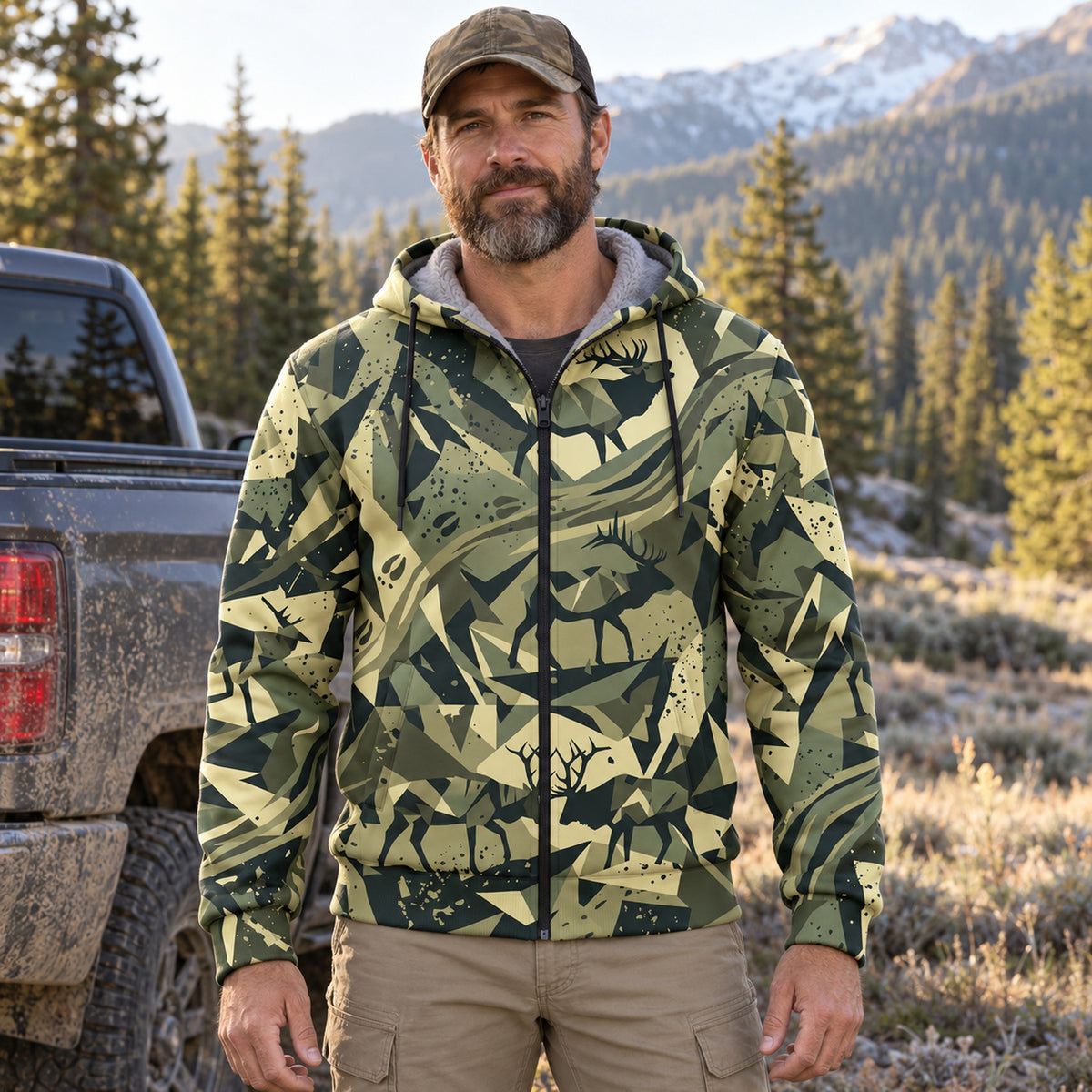 Elk Hunting Sage Shard Fleece Full-Zip Hoodie worn outdoors