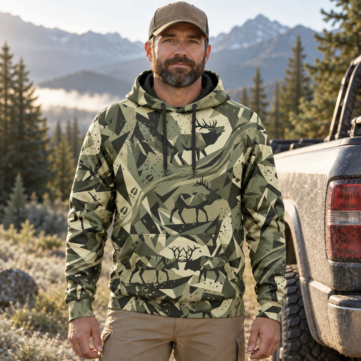 Elk Hunting Sage Shard Field Pullover Hoodie worn outdoors