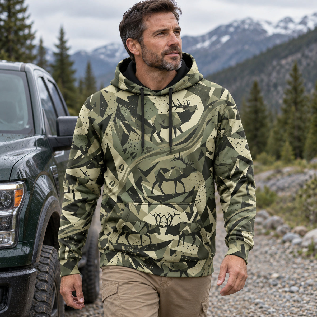 Elk Hunting Sage Shard Field Pullover Hoodie angled view