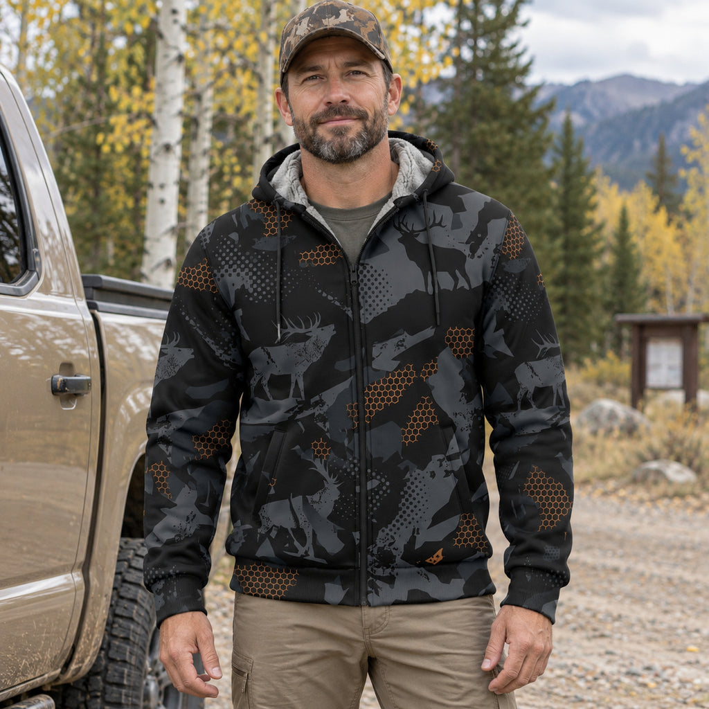 Elk Hunting Ember Hex Fleece Full-Zip Hoodie worn outdoors