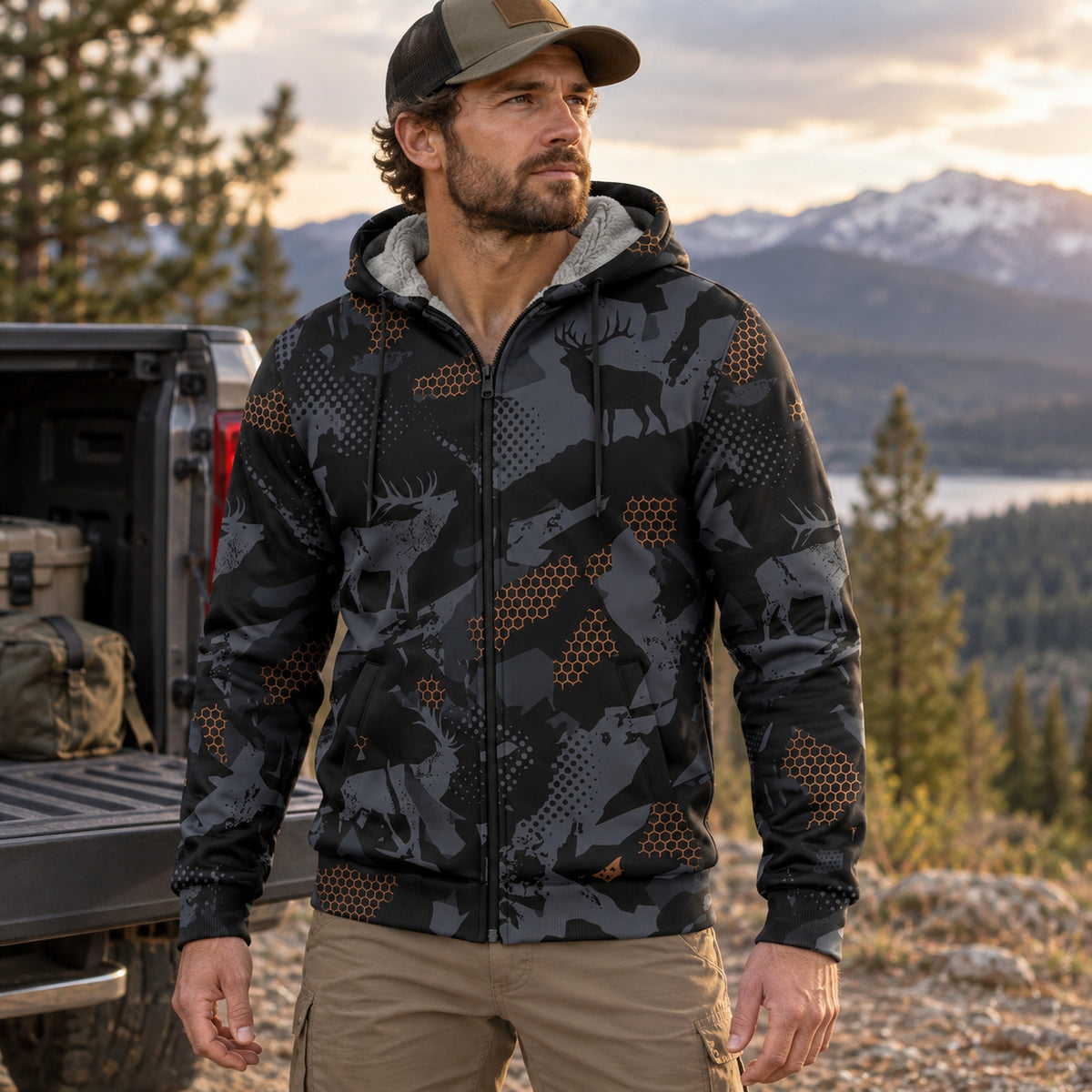 Elk Hunting Ember Hex Fleece Full-Zip Hoodie angled view