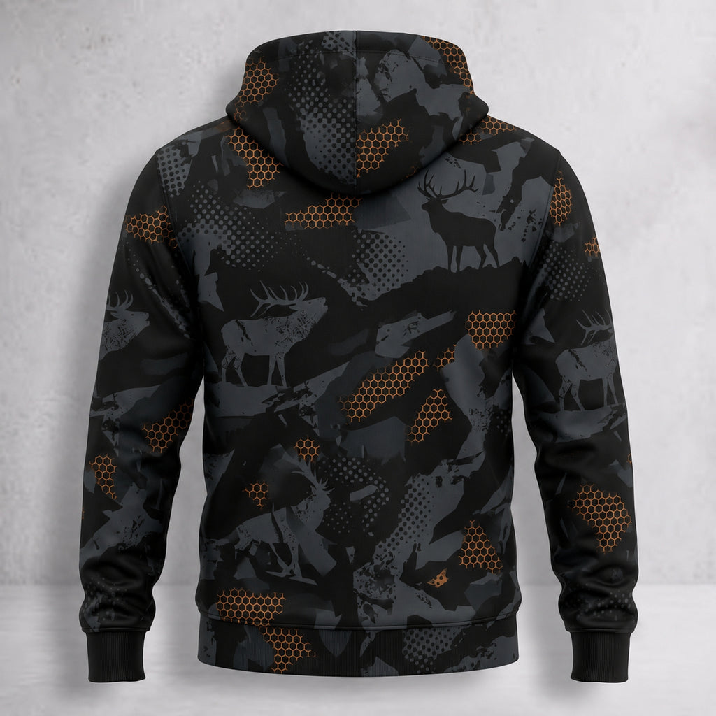 Elk Hunting Ember Hex Field Pullover Hoodie back
