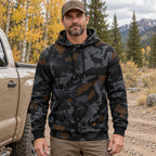 Elk Hunting Ember Hex Field Pullover Hoodie worn outdoors