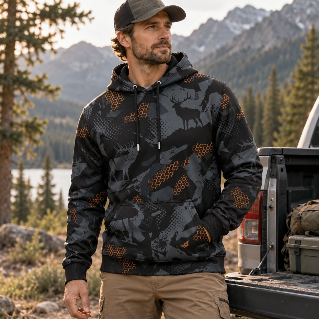 Elk Hunting Ember Hex Field Pullover Hoodie angled view
