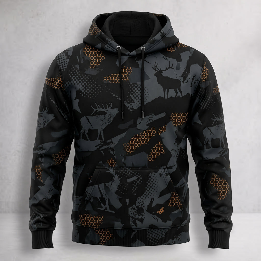 Elk Hunting Ember Hex Field Pullover Hoodie front