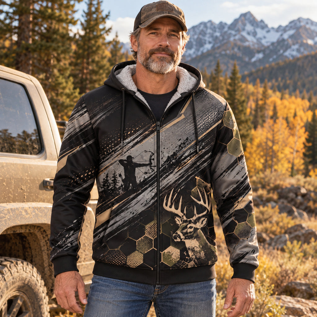 Whitetail Deer Night Brush Fleece Full-Zip Hoodie worn outdoors