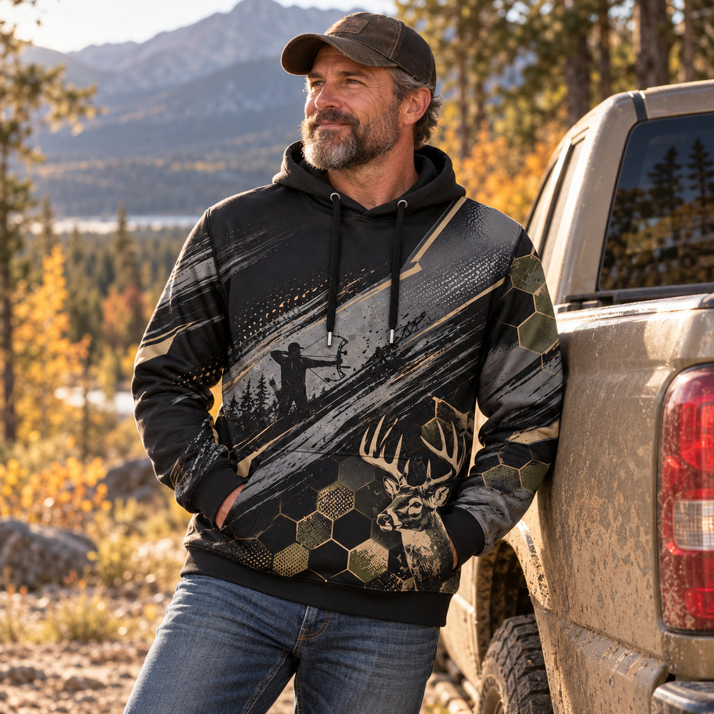 Whitetail Deer Night Brush Field Pullover Hoodie angled view