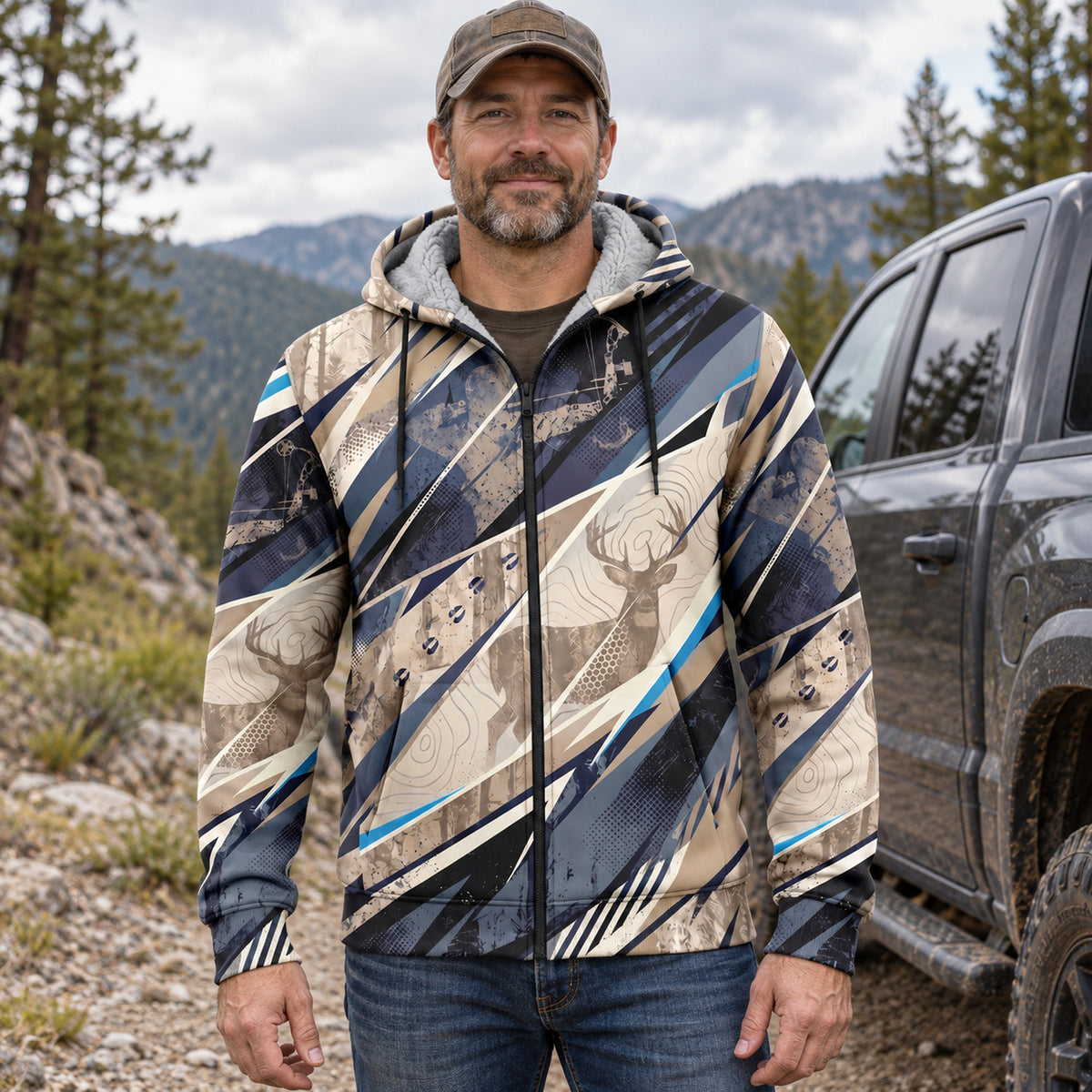 Whitetail Deer Shard Ridge Fleece Full-Zip Hoodie worn outdoors